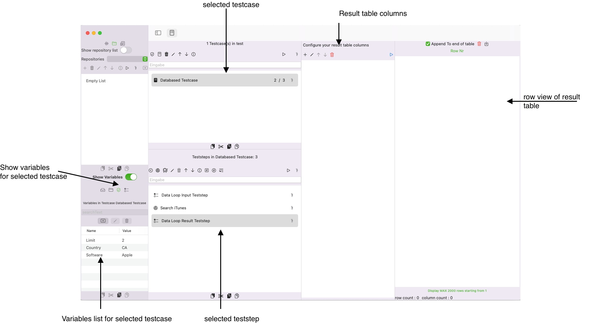 Screenshot Databased Testcase with selected data loop ResultTeststep after creation