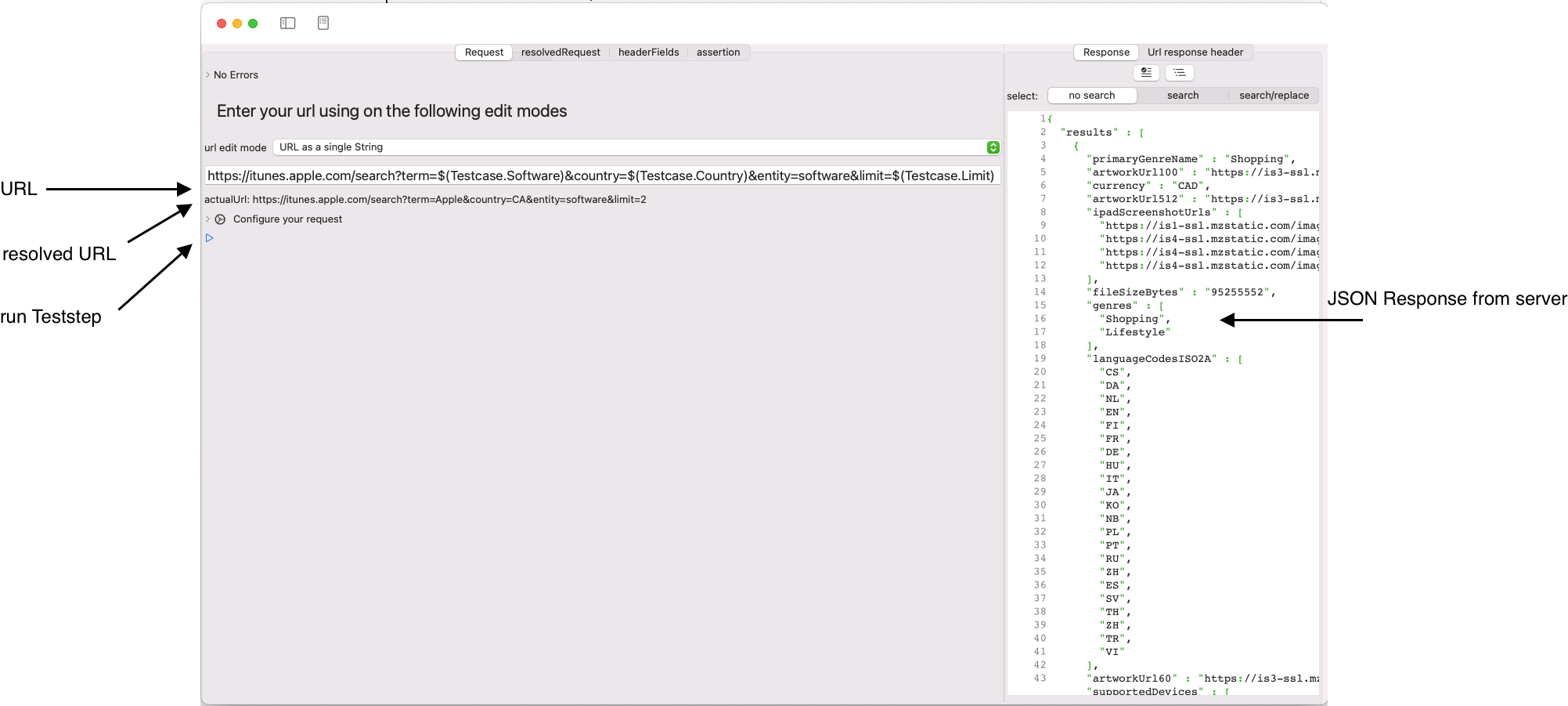 Screenshot Databased Testcase HTTPTeststep with parameterized URL