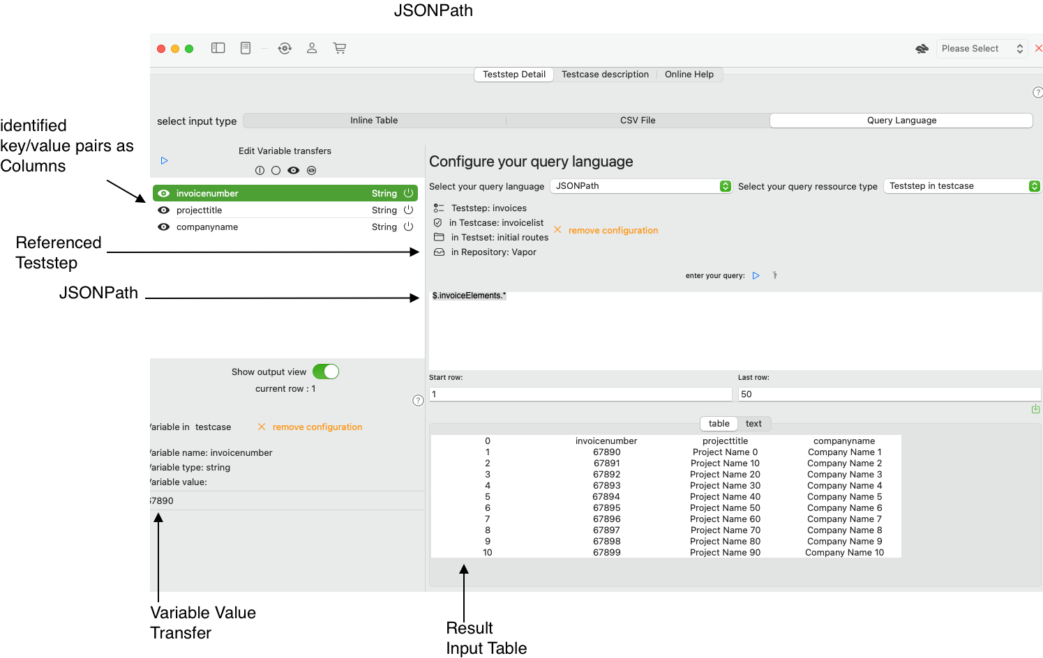 Screenshot resulting input table for Databased Teststep with column identification based on key/value-airs.