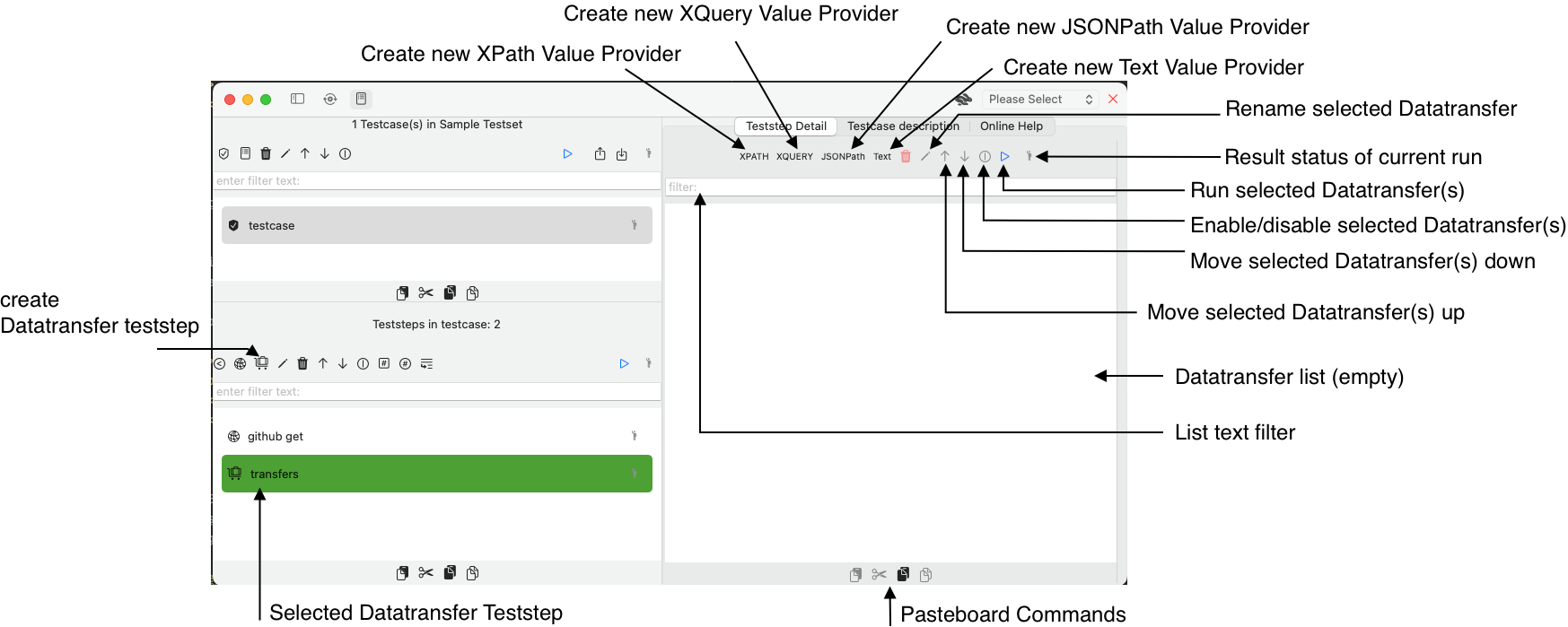 Screenshot selected Datatransfer Teststep with list of commands