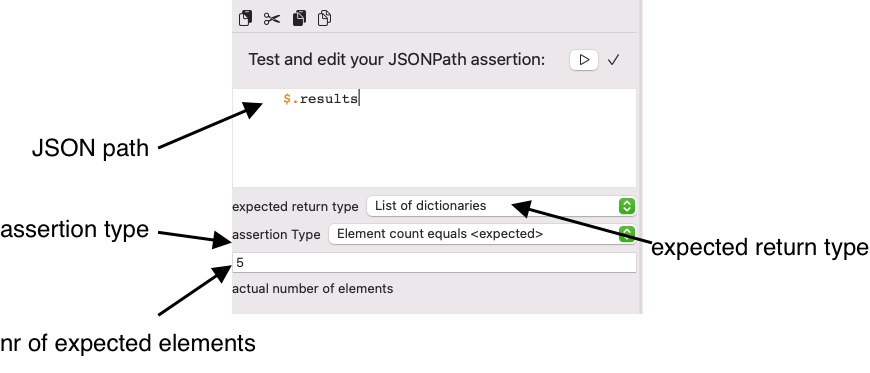 screenshot JSON assertion to to count the number of dictionary elements with JSON path