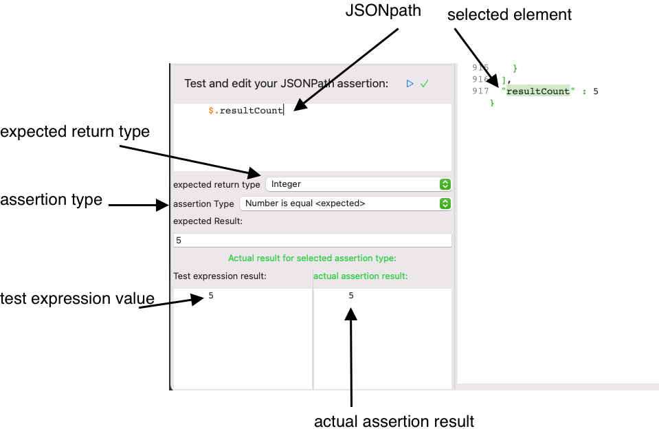 Screenshot JSON assertion integer value with assertion result