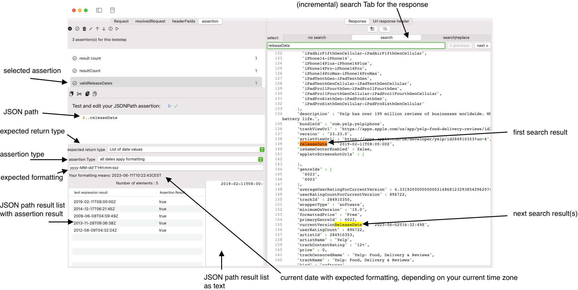 Screenshot JSON assertion with Date formatting and search results in response