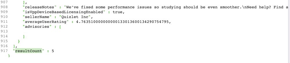 Screenshot JSON response with element resultCount