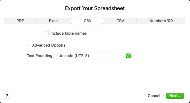 choose CSV as destination export format