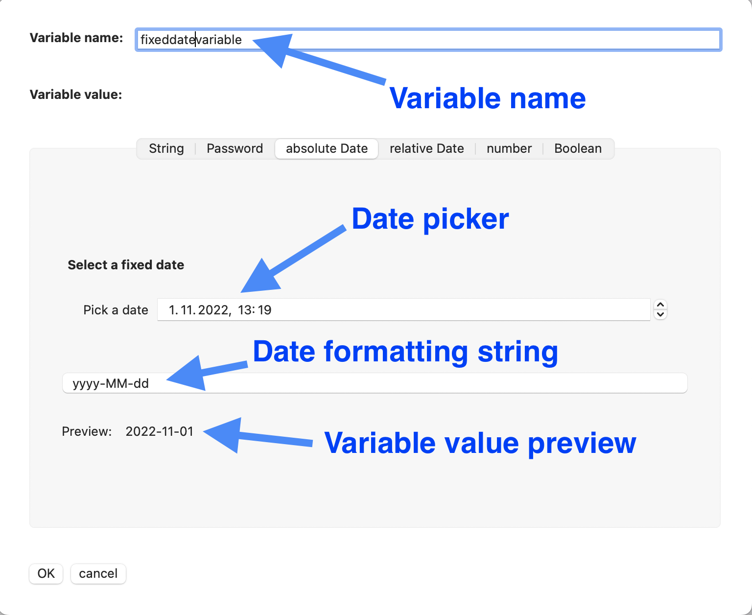 Variables editor static date