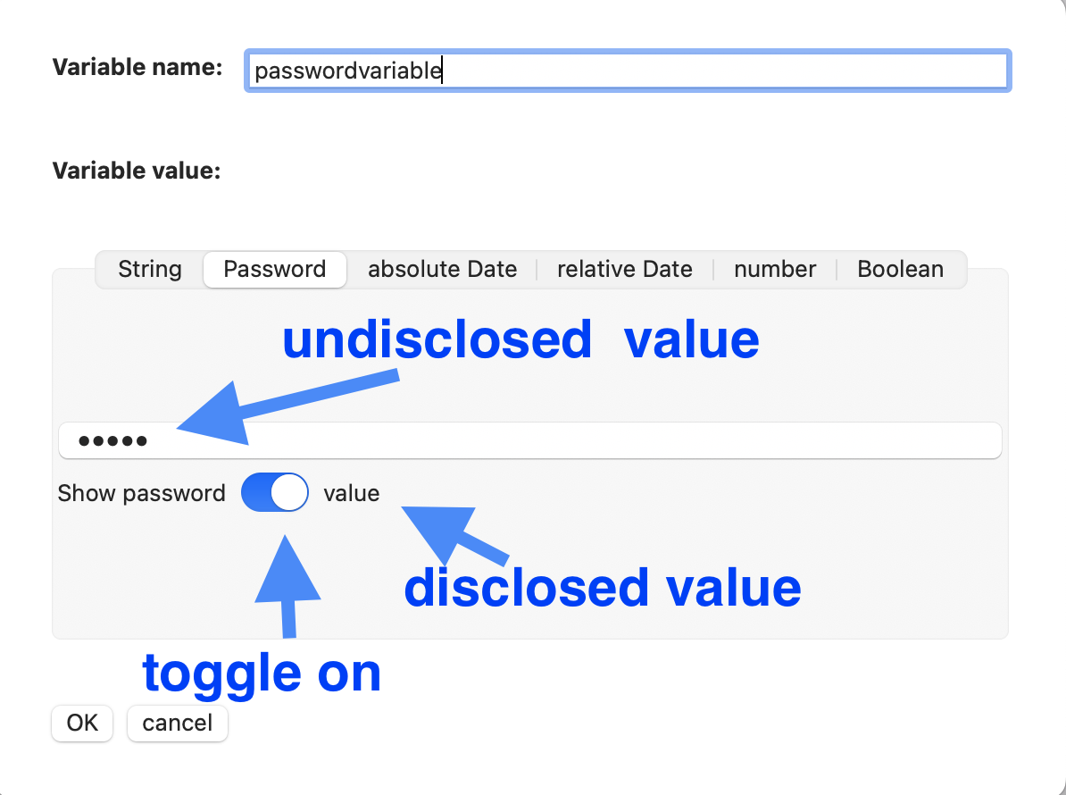 Variables editor password value disclosed