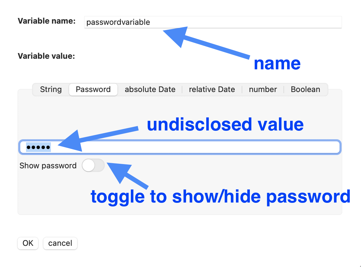 Variables editor password value undisclosed