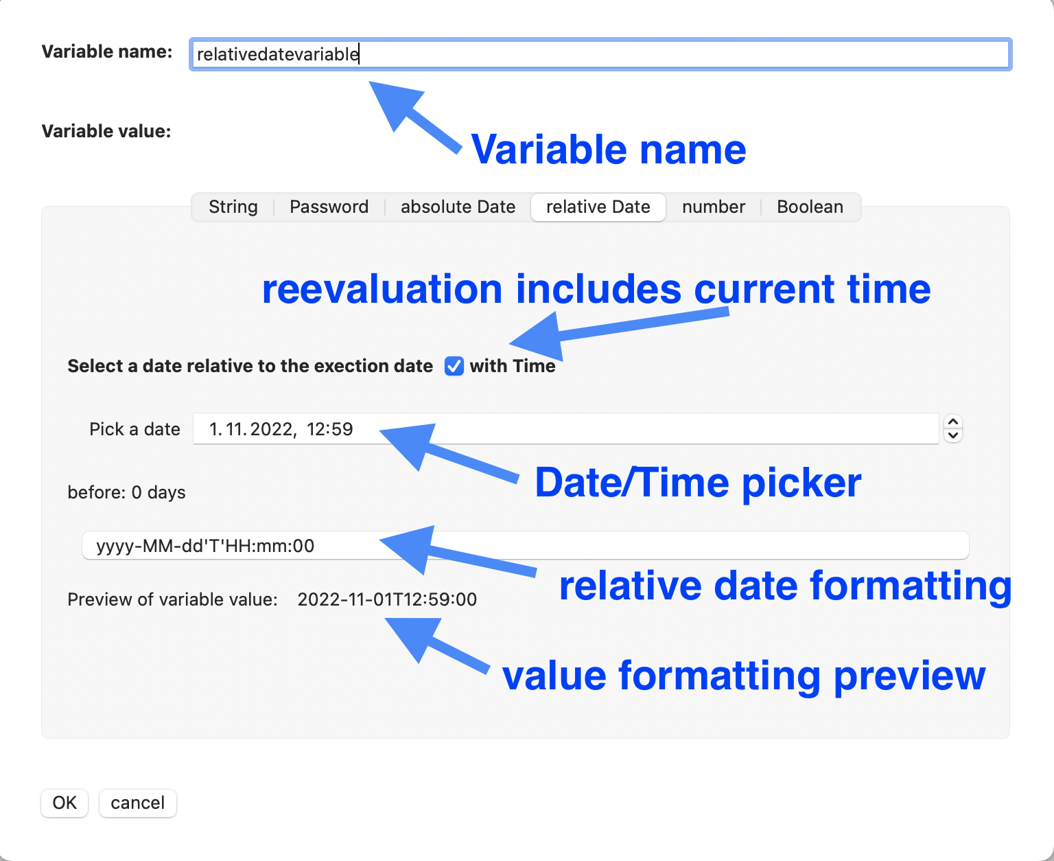 Variables editor relative date